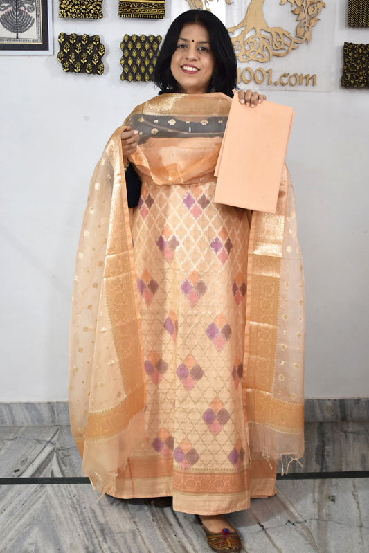 Beautiful Banarasi Chanderi silk unstitched suit fabric with Woven Booties
