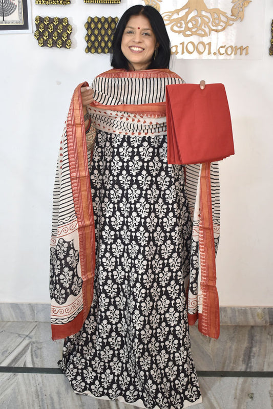 Beautiful Hand Block Printed Cotton unstitched suit fabric with Woven Borders Cotton dupatta