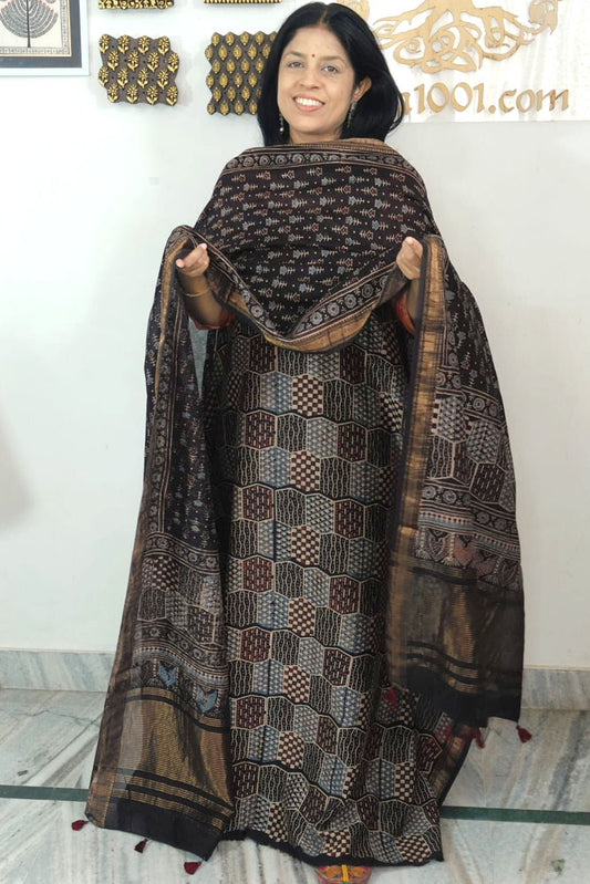 Beautiful Hand Block Printed Ajrakh Maheshwari Silk Cotton Unstitched suit fabric - 2 pc set