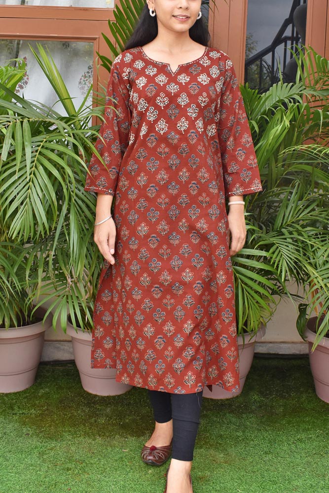 Beautiful Cotton Kurta with Hand Tagai Embroidery & Aari work & Embroidered Sequins  Size -   38, 40, 42, 44