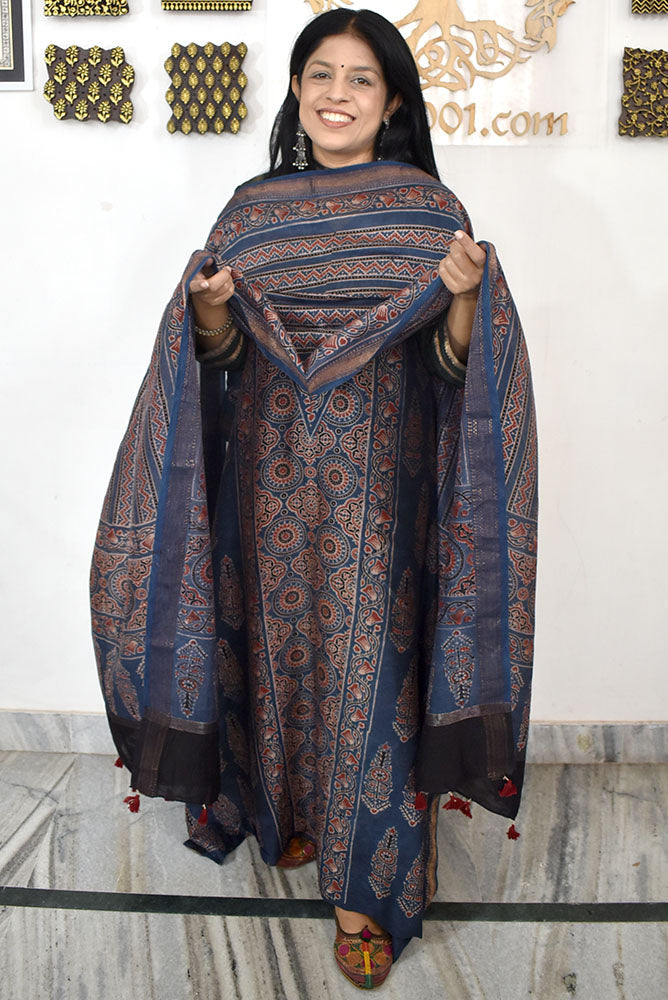 Beautiful Hand Block Printed Ajrakh Maheshwari Silk Cotton Unstitched Set - 2 PC set
