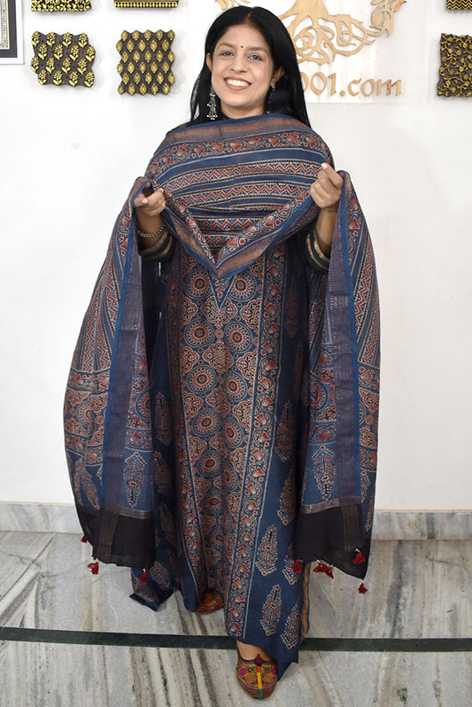 Beautiful Hand Block Printed Ajrakh Maheshwari Silk Cotton Unstitched Set - 2 PC set
