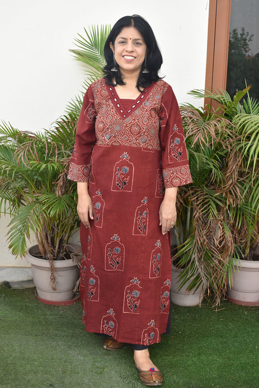 Beautiful Hand Block Printed Ajrakh Cotton kurta with Kutch Mirror work , Size 38 to 46