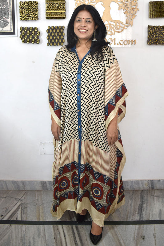 Beautiful Hand Block Printed Ajrakh Modal Silk Kaftan, Size 38 to 50