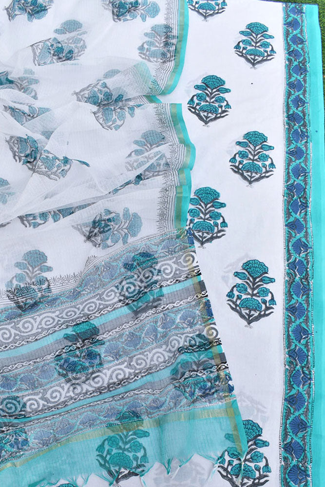 Beautiful Hand Block Printed Cotton kurta fabric with Kota Dupatta