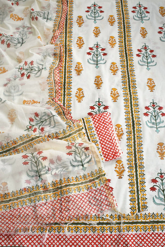 Designer Hand Block Placement Print Cotton suit with Chanderi dupatta and panel design