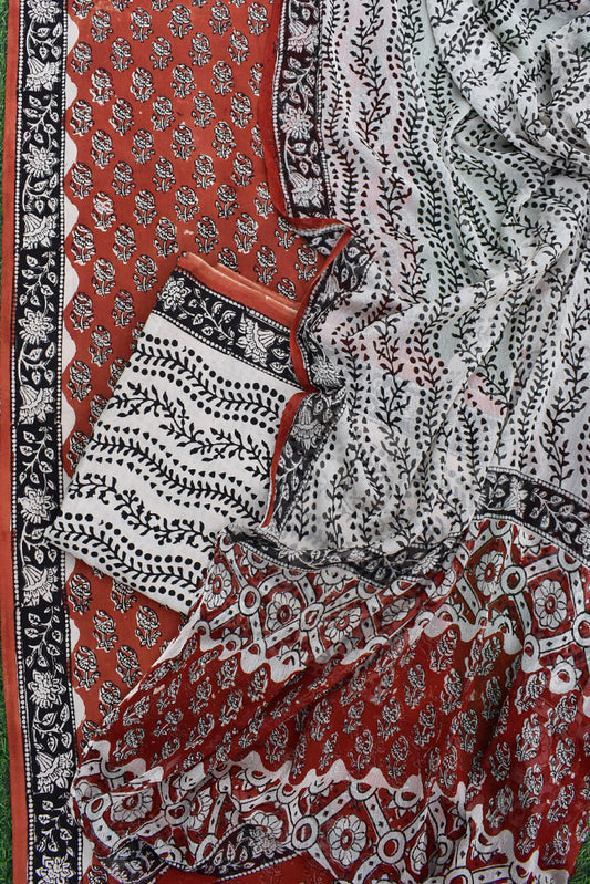 Hand Block Printed Bagru Cotton unstitched suit fabric with Chiffon dupatta