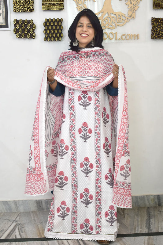 Elegant Dobby Cotton suit with placement Hand block print with lace details