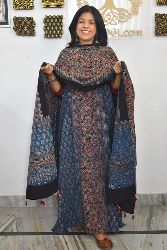 Block Print Ajrakh Cotton Suit with designer Ajrakh neck yoke /panel & Dupatta