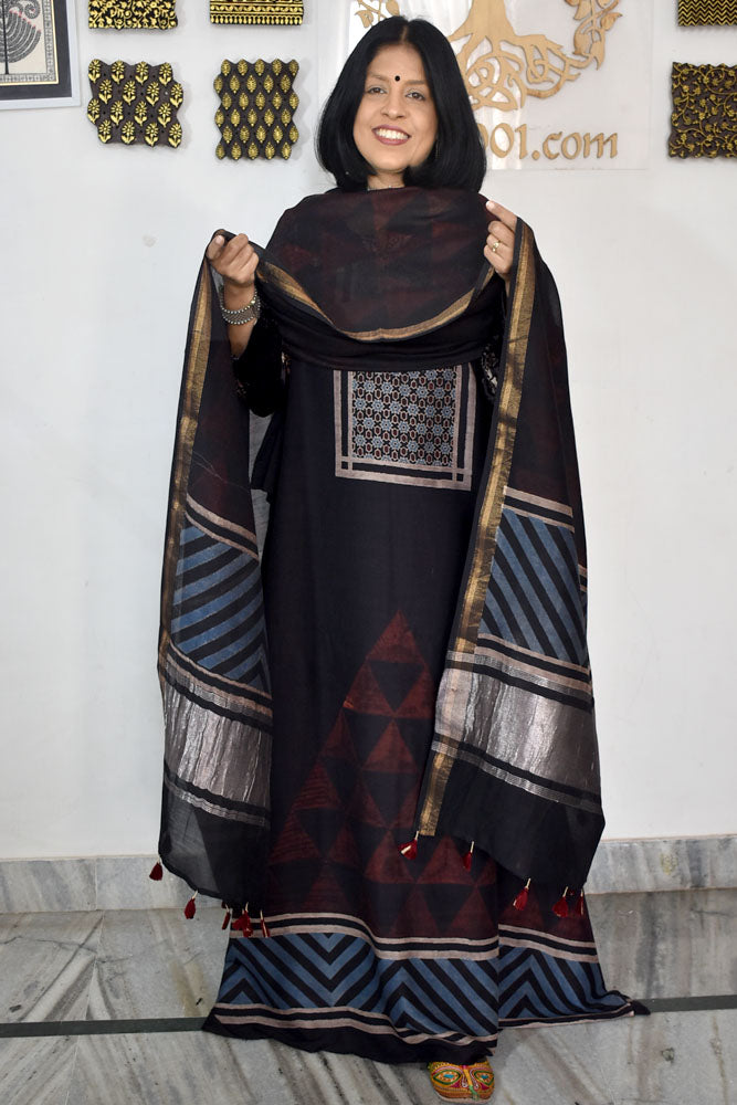 Beautiful Hand Block printed Kutch Ajrakh Chanderi Kurta and Lagdi patta dupatta set