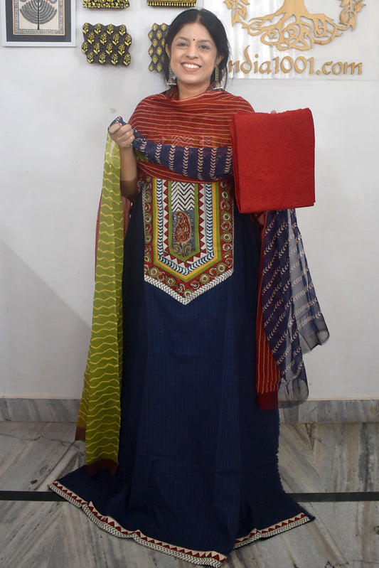 Designer Cotton Unstitched Suit Fabric with Embroidery & Chiffon dupatta