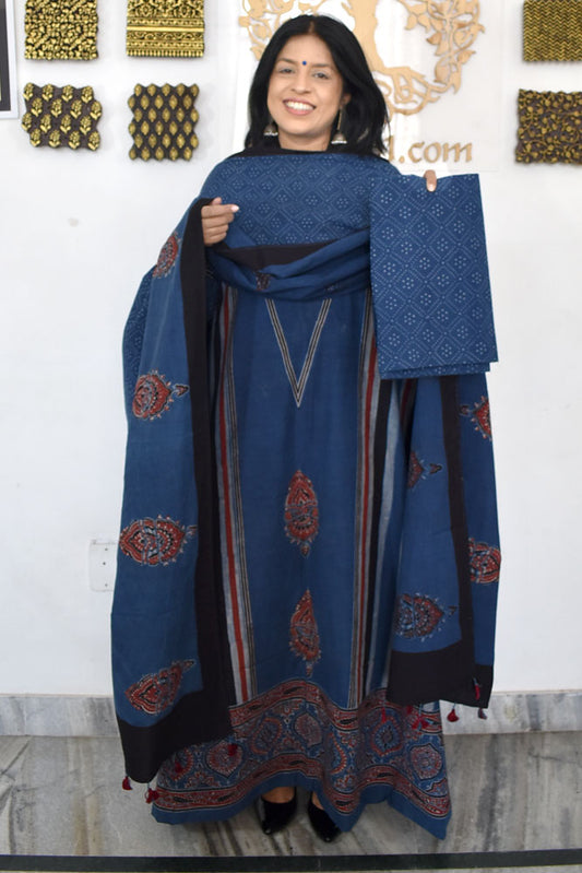Designer Ajrakh Cotton Unstitched suit with  panel design, Ajrakh Dupatta & Bottom- 3 piece set