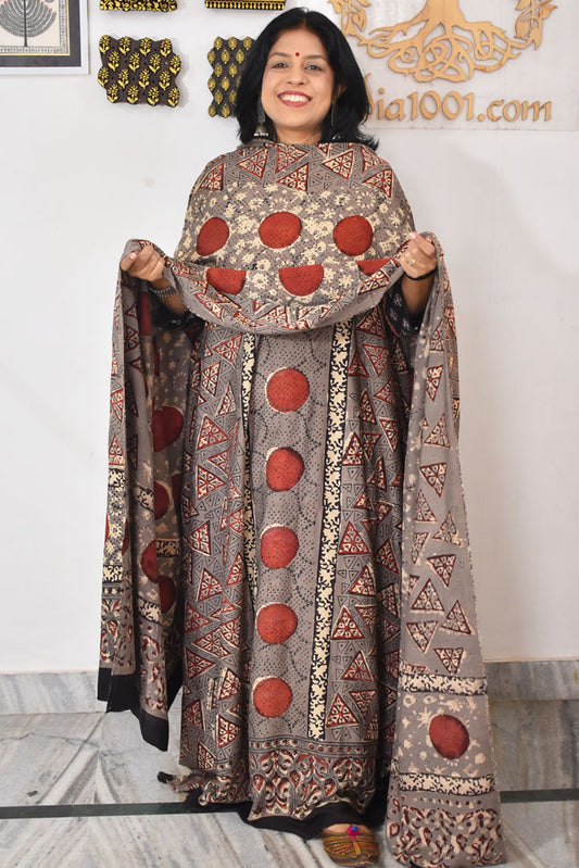 Beautiful Vanaspati Ajrakh Hand Block Printed Modal Silk set with cotton bottom