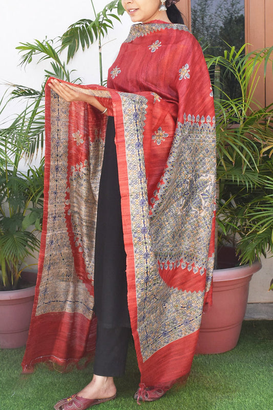 Geecha Silk Dupatta with printed Madhubani patterns