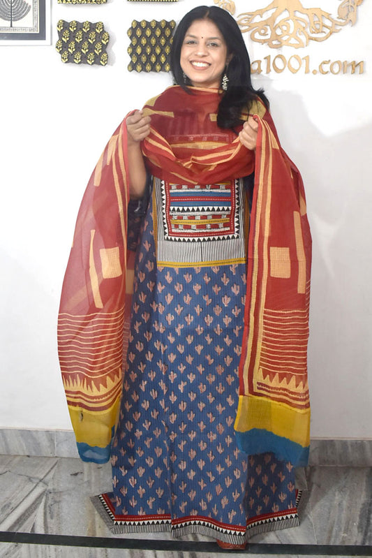 Beautiful Hand Block Printed Cotton Unstitched Suit Fabric  & Kota  dupatta With Cotton bottom