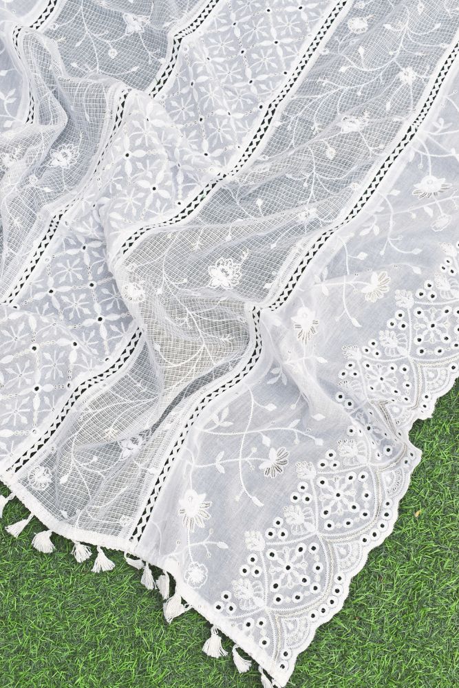 Gorgeous Embroidered Cotton and Kota Doria Dupatta with Sequin work - Milky white