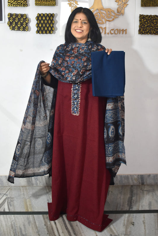 Elegant Handwoven Cotton Unstitched Suit with Ajrakh patch ,Intricate Hand Embroidery & block print  dupatta