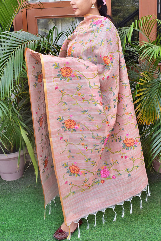 Elegant Kota Tissue dupatta with All over Cross Stitch Embroidery - Peach