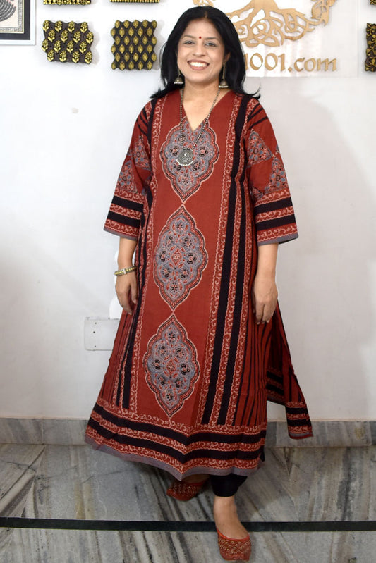 Designer Hand Block Printed Ajrakh cotton Kurta / Dress - Size 36 to 48( all sizes)