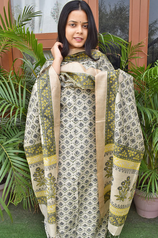 Elegant Hand Block printed Moonga Tussar Silk Kurta Dupatta Set