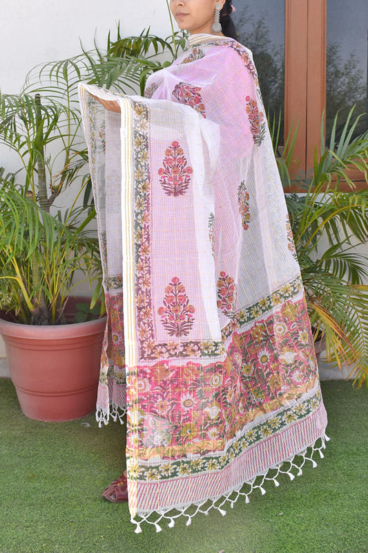 Beautiful Hand Block Printed Kota Doria Dupatta with zari checks and zari border