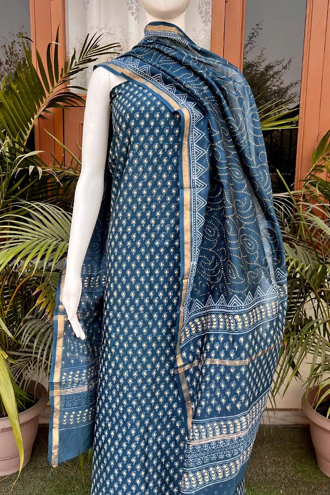 Beautiful Khadi Hand Block Printed Chanderi unstitched suit fabric