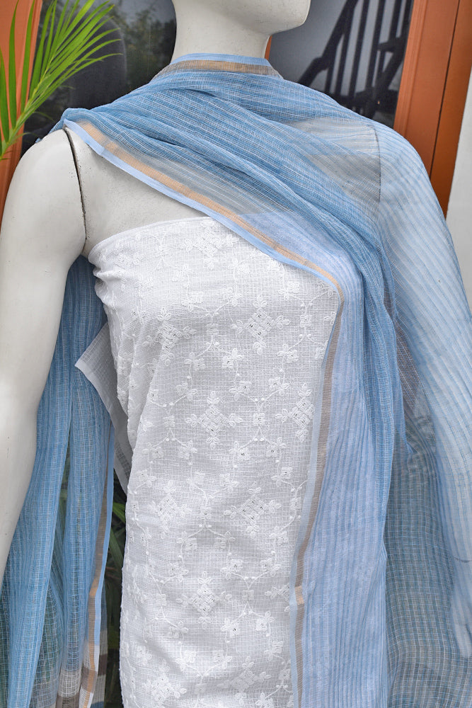 Premium Kota Unstitched suit with Schiffli & sequin work & Hand Block Print Dupatta