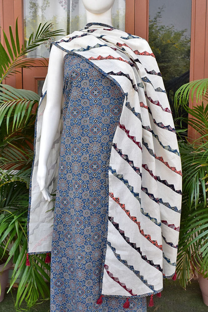Beautiful Ajrakh Cotton Kurta fabric with Heavy Hand Applique Work dupatta