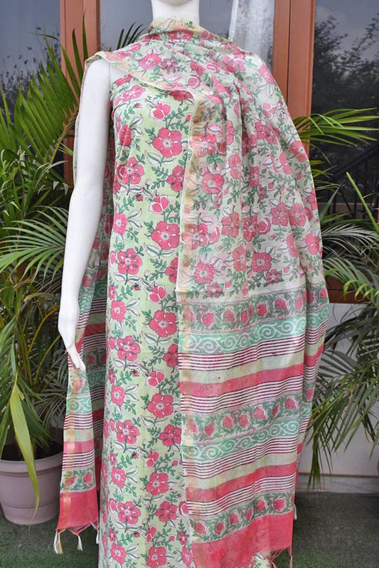 Beautiful Hand Block Printed Cotton unstitched suit fabric with Chanderi Dupatta