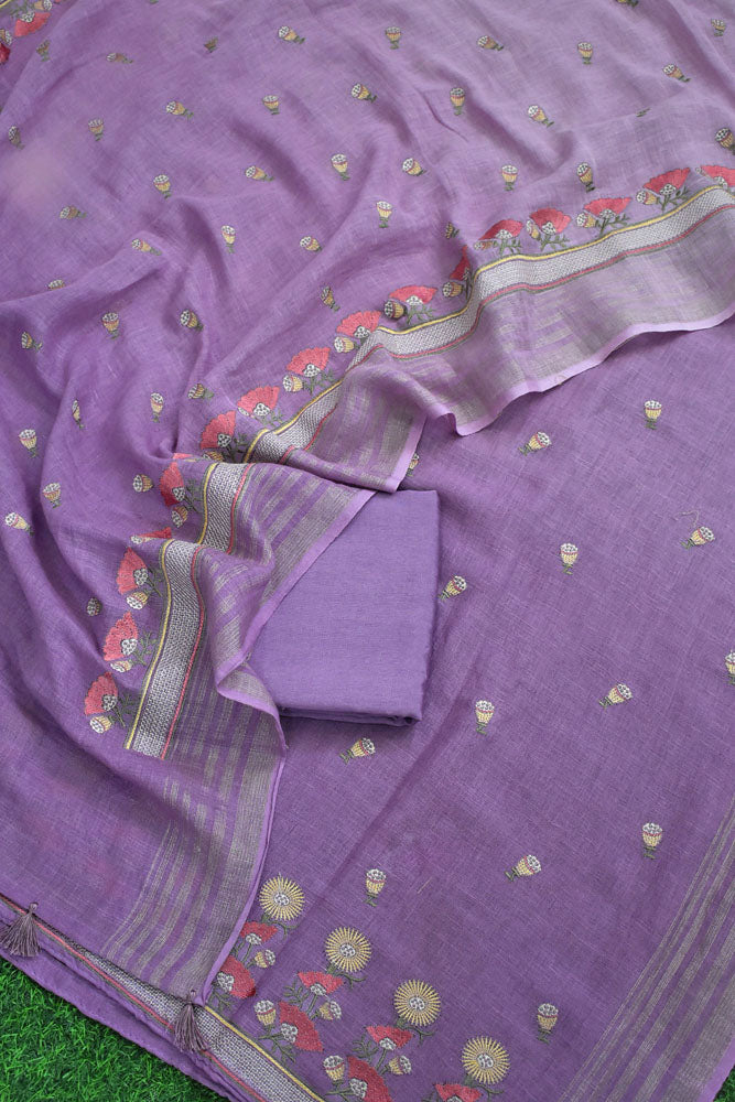Beautiful Pure Linen suit with intricate embroidery on the kurta & dupatta and cotton silk bottom