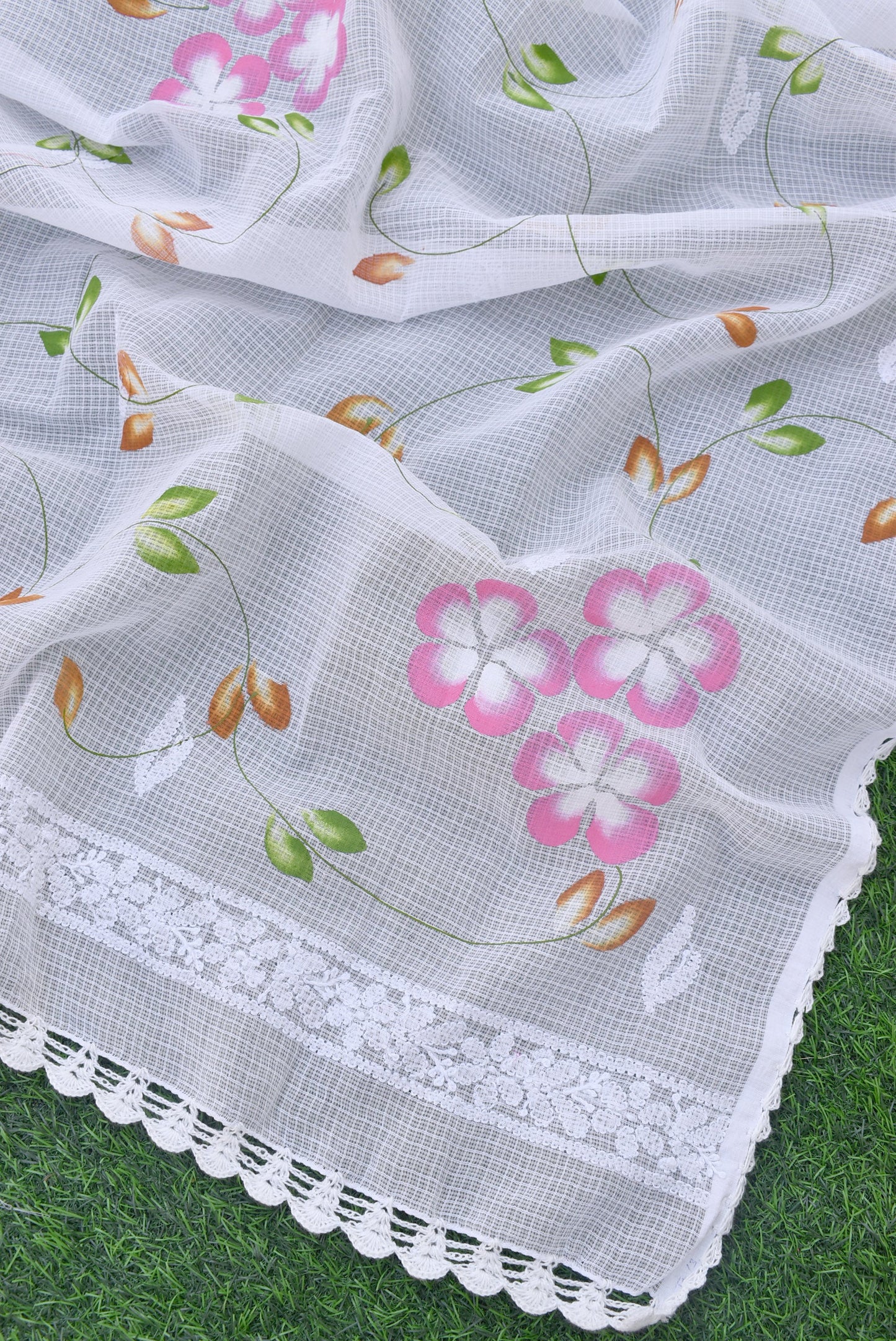 Kota Cotton Dupatta with Hand Paint, Hand Chikankari embroidery & crochet borders on all sides