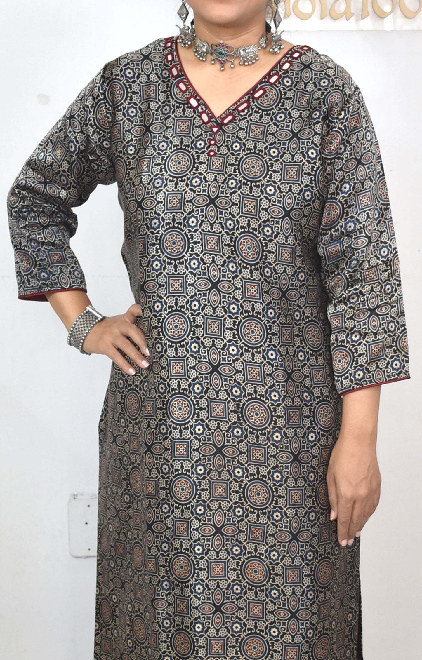 Beautiful Mashru Silk Ajrakh Kurta with Kutch mirror work size - 40-44