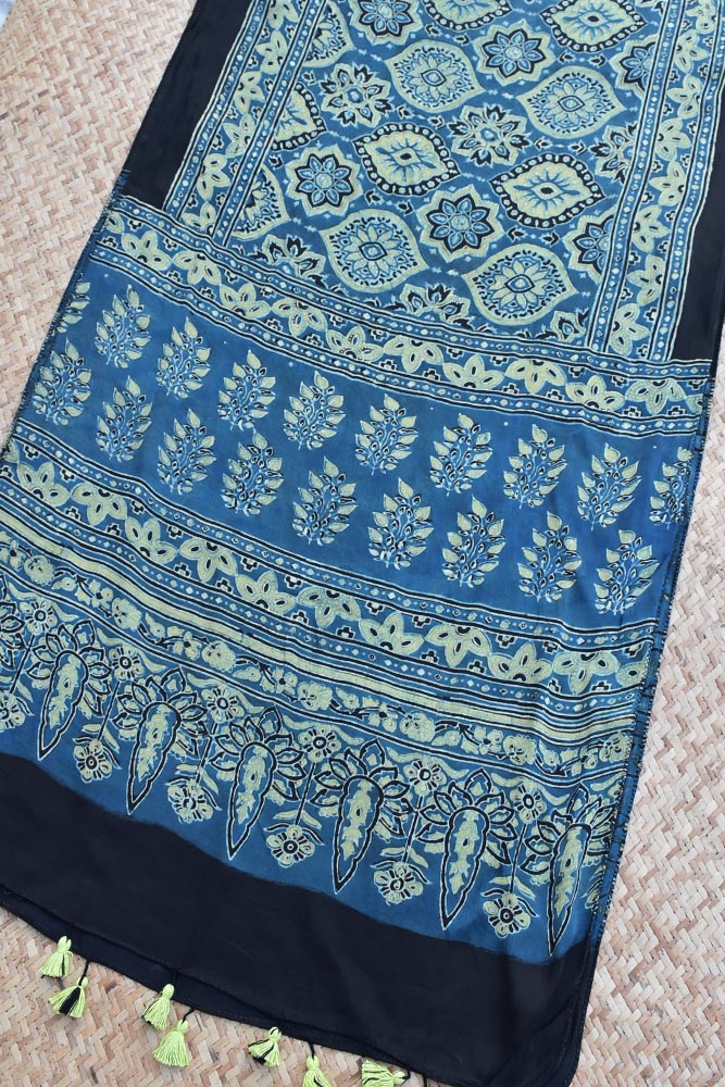 Beautiful Hand Block Printed Ajrakh Modal Silk stole with Tassels