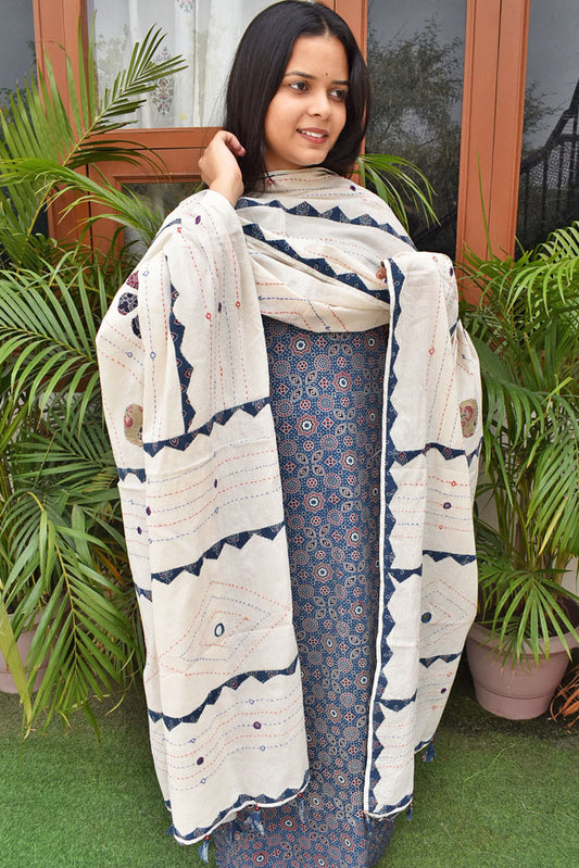 Beautiful Ajrakh Cotton Kurta fabric with Heavy Embroidery & Applique Work dupatta