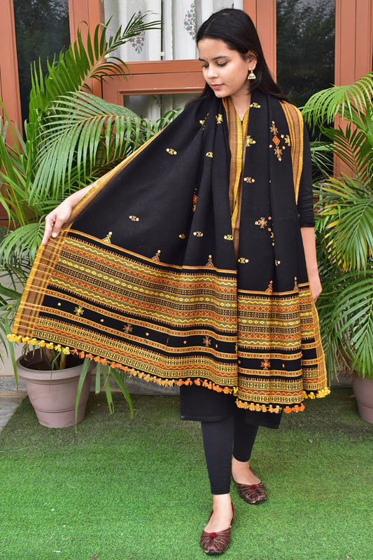 Handwoven Bhujodi Mirror Work Pure Wool Stole / Shawl