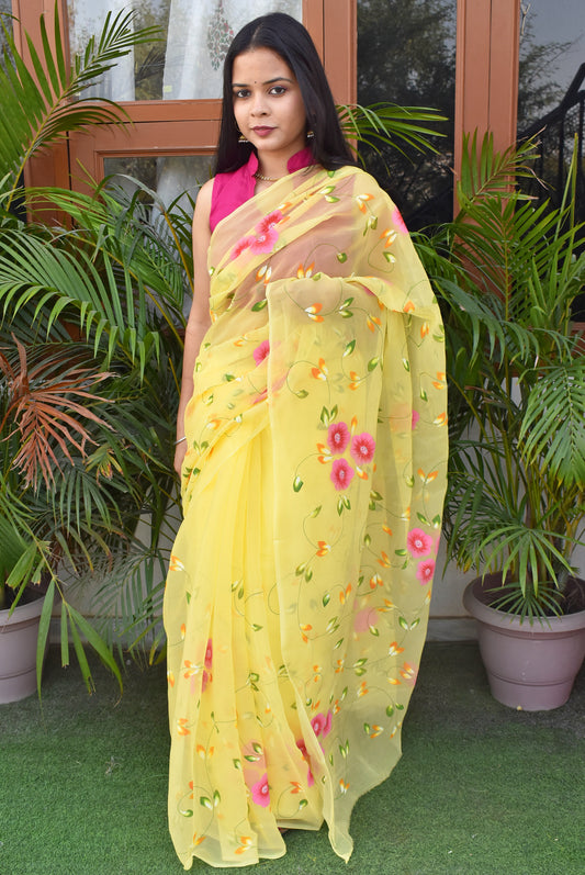 Prakriti : Beautiful Organza Saree with Hand Painted Floral Motifs