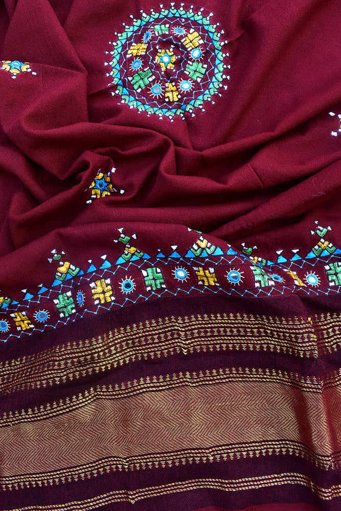 Handwoven Bhujodi Intricate Hand Embroidery &Hand  Mirror Work Wool Stole / Shawl
