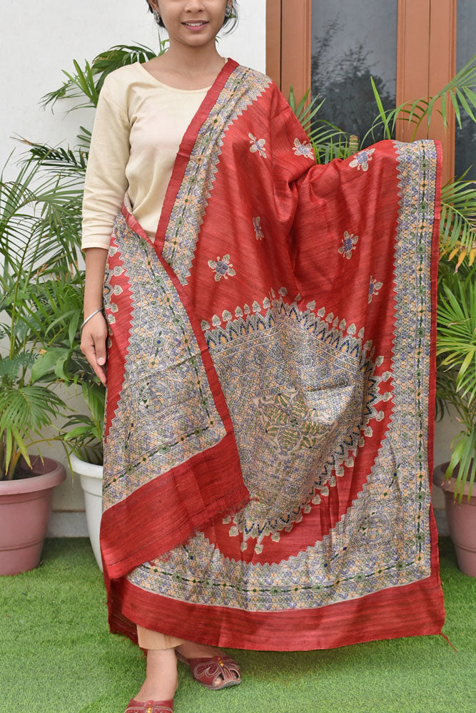 Geecha Silk Dupatta with printed Madhubani patterns