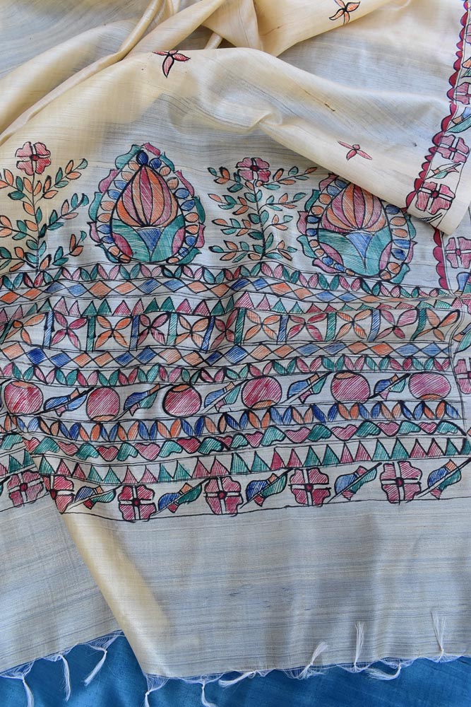 Hand Painted Madhubani Pure Tussar Silk Dupatta  & Tussar silk Kurta fabric Set