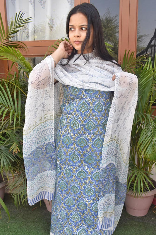 Sanganer Hand Block Printed Cotton unstitched suit fabric with Chiffon dupatta