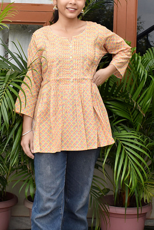 Elegant Soft Cotton Short top / Kurta with pleats Size - 36, 38, 40, 42