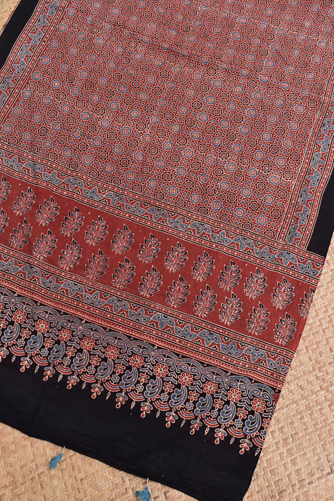 Ajrakh Hand Block Printed Cotton Dupatta with Tassels with natural dyes