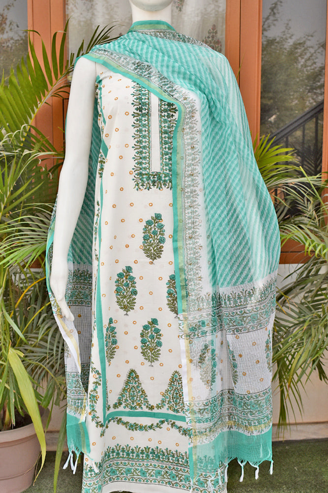 Designer Hand Block Placement Print Cotton suits with kota dupatta and panel design