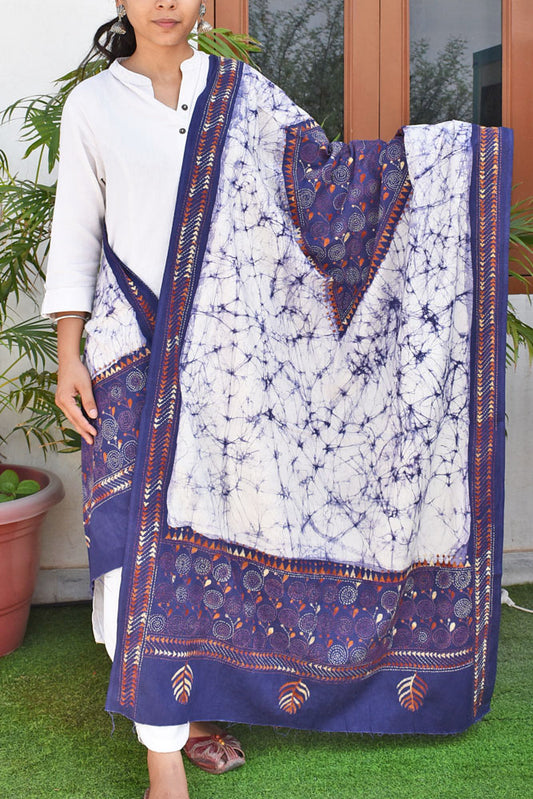 Handcrafted & Handembroidered Cotton Dupatta with Bengal Kantha & Batik work