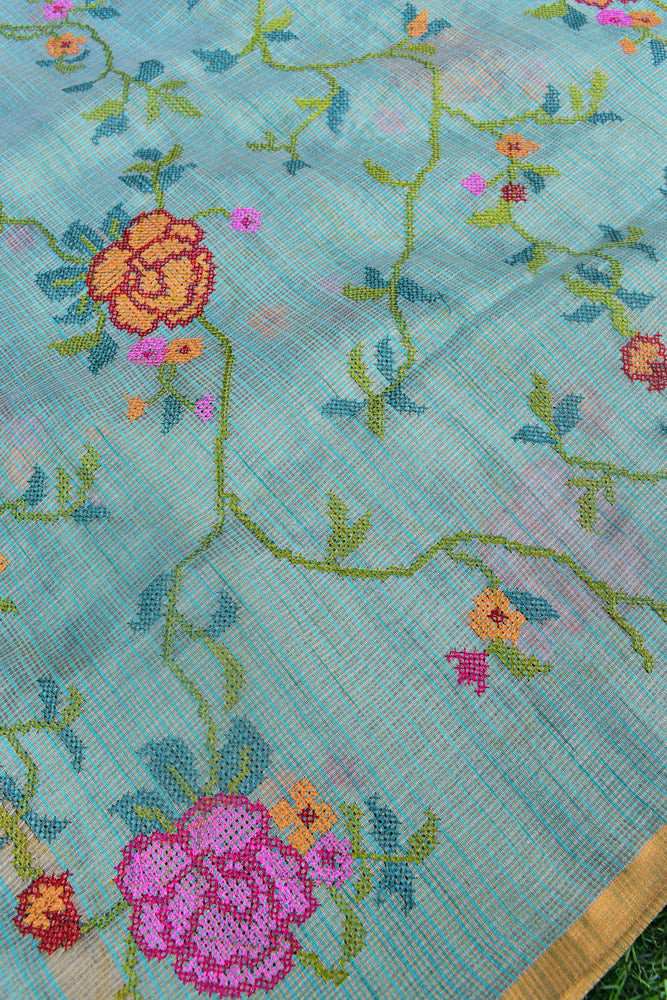 Elegant Kota Tissue dupatta with All over Cross Stitch Embroidery - sea green