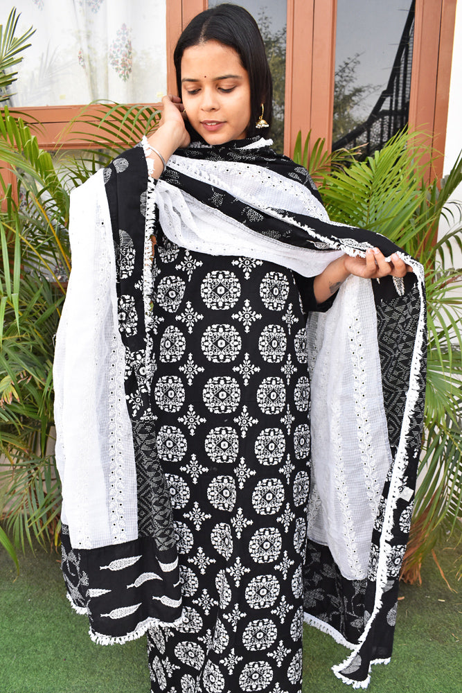 Elegant Cotton kurta fabric with Kota dupatta with Schiffli &  Patch work - no bottom