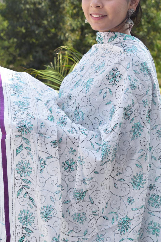Beautiful Hand Embroidered Kantha Work Mul cotton Dupatta
