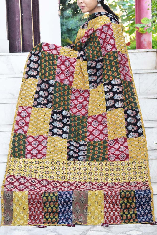 Barmer Ajrakh Patch Work Cotton Dupatta with Tassels