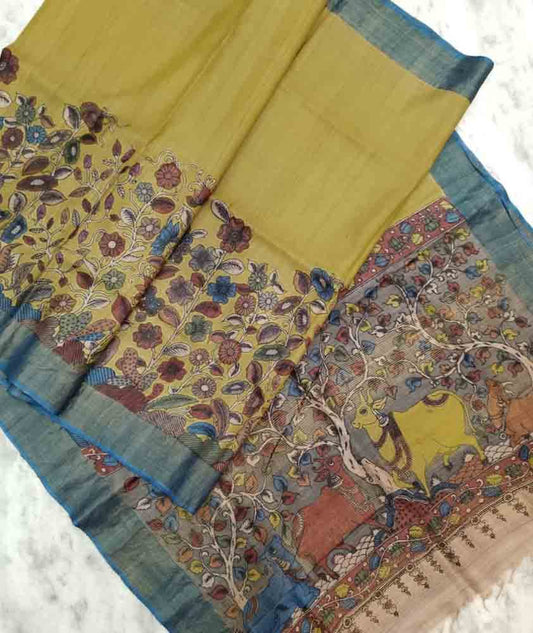 Pure Tussar Silk Hand Painted Kalamkari saree
