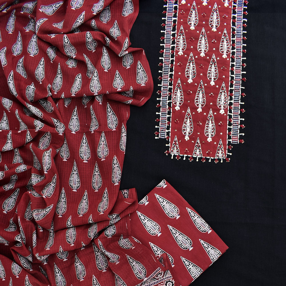 Premium Cotton Unstitched Suit with Ajrakh patch, Intricate Hand Embroidery & barmer Ajrakh dupatta